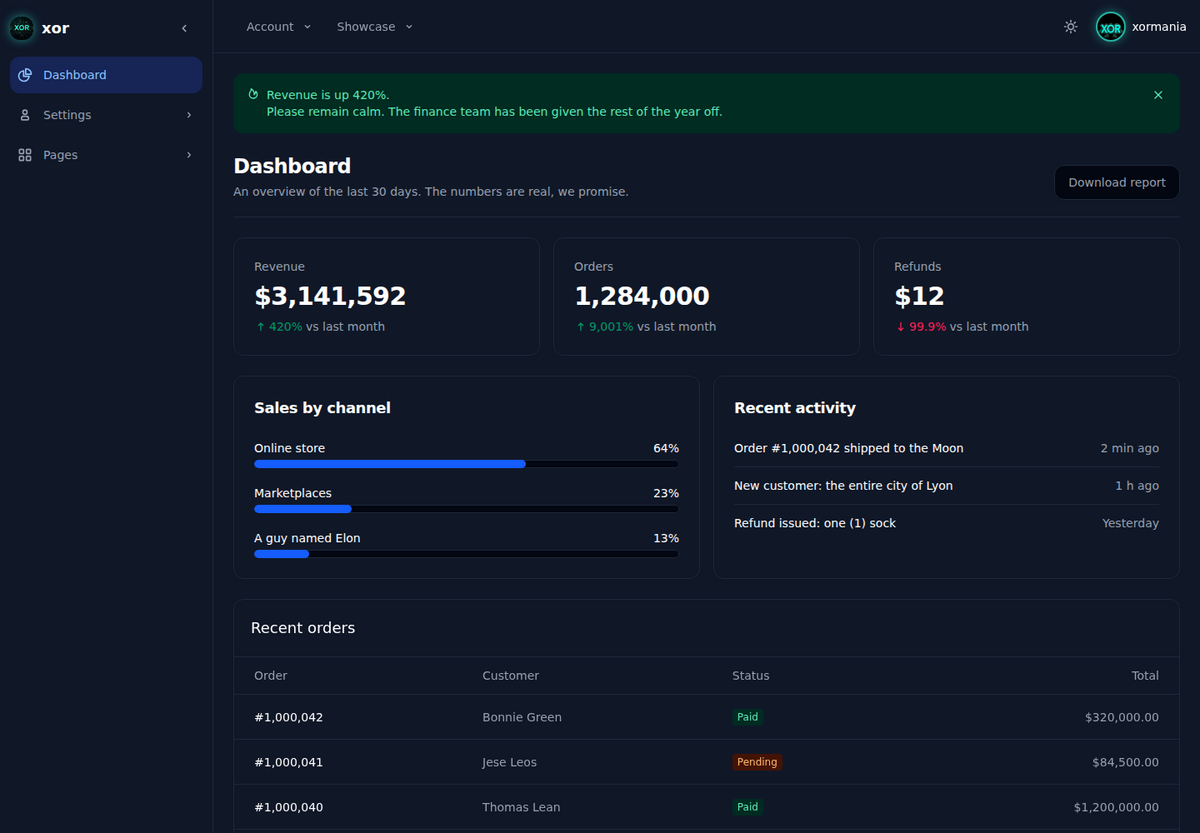 The dashboard block in the dark theme