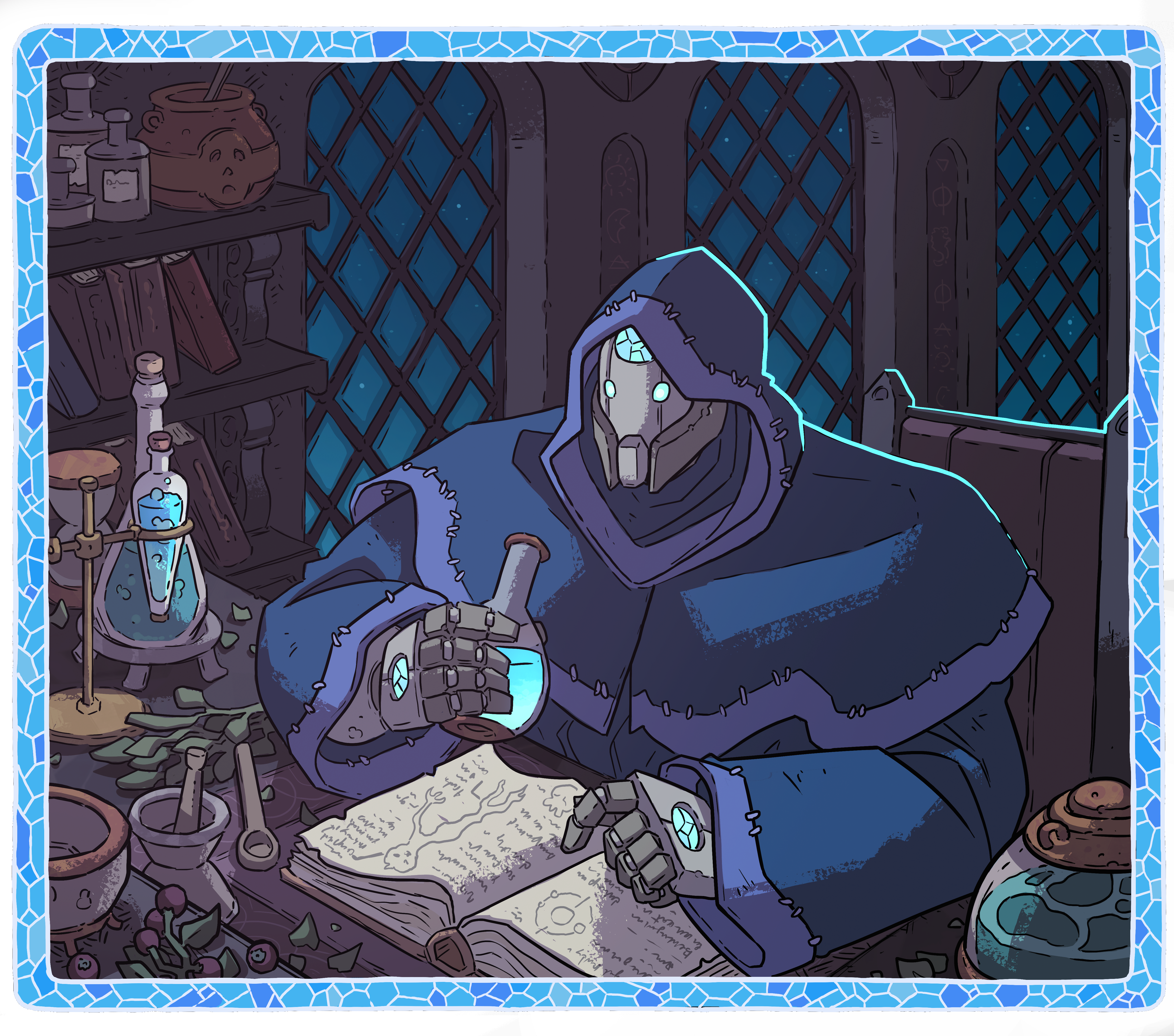 Cadfael, a golem in a monk cowl, hunched over a desk examining a the contents of a vial and consulting a book