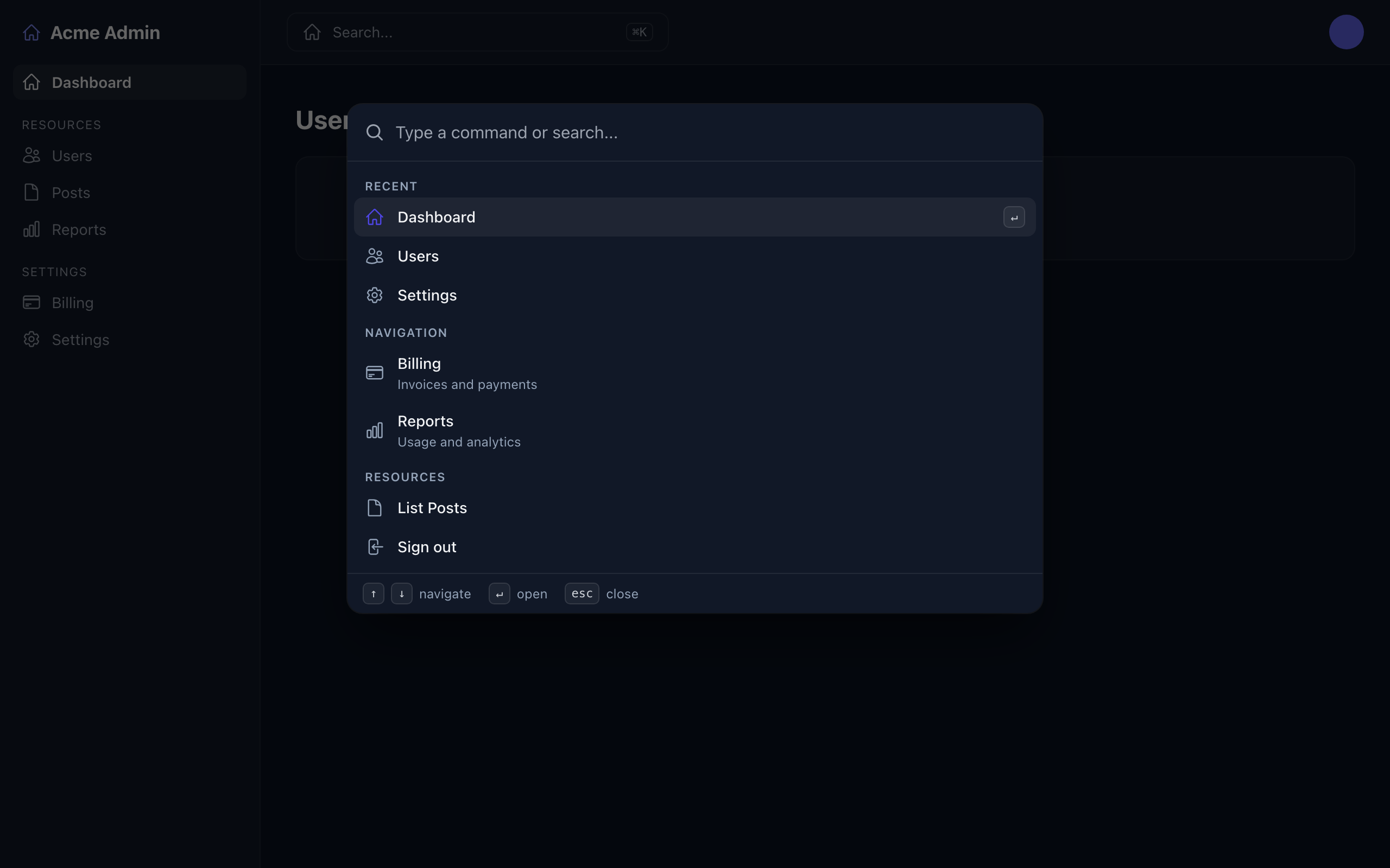 Command palette recent commands, dark mode