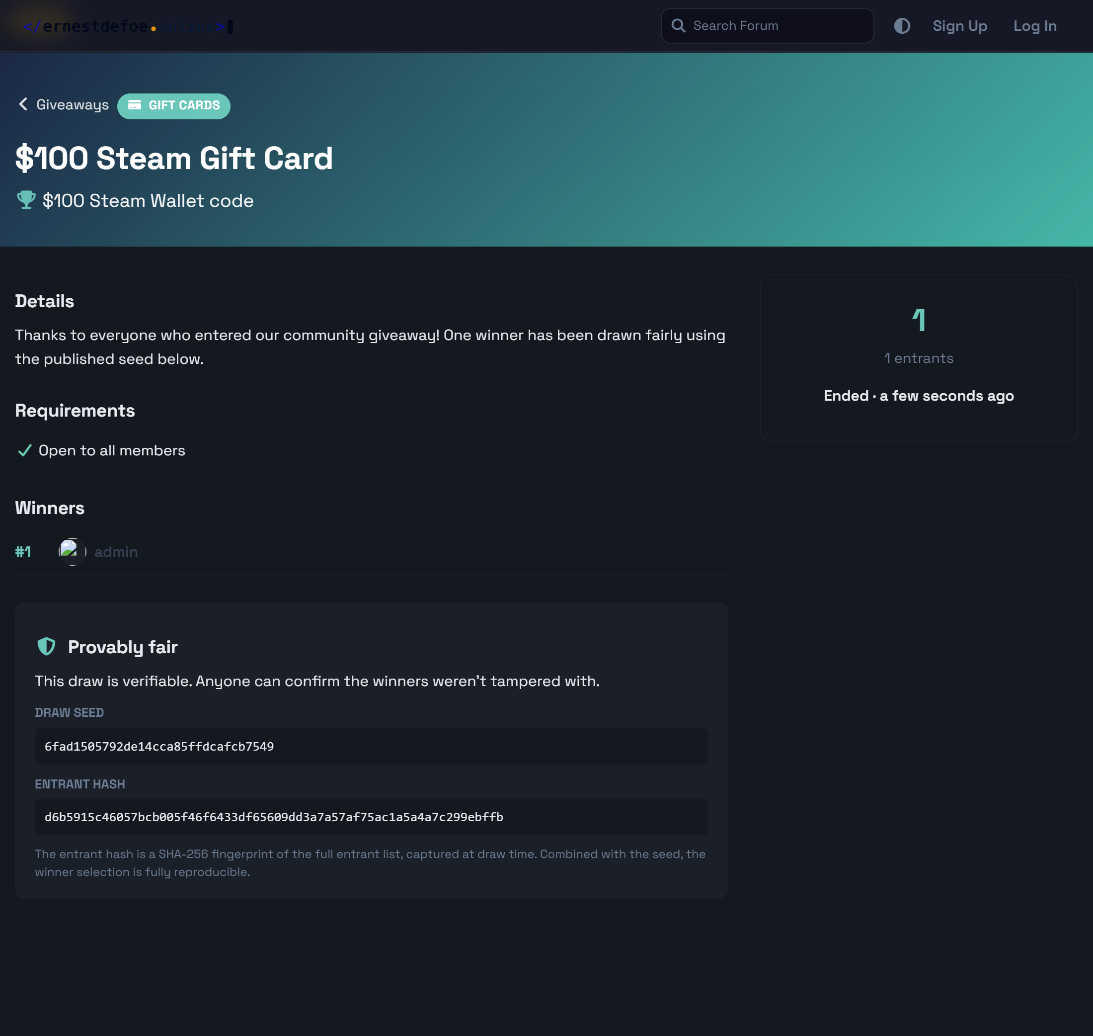 Drawn giveaway with winners and fairness data