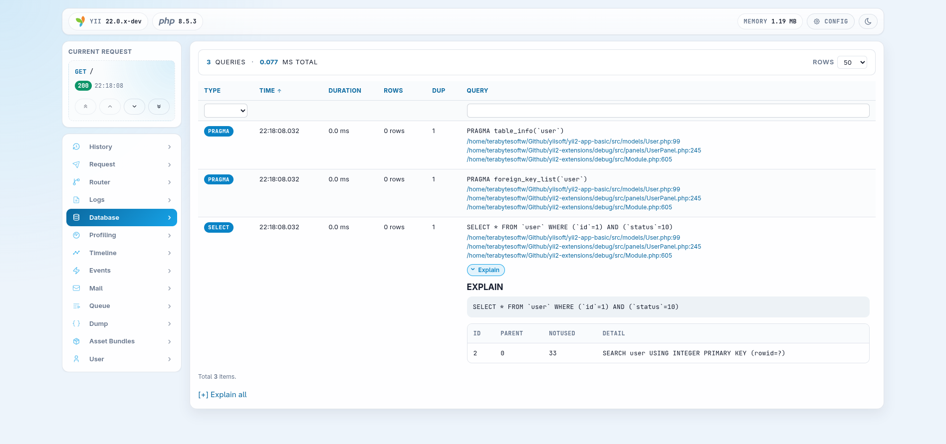 Database panel