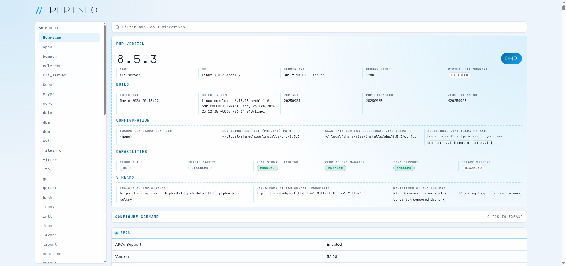 PHP info panel
