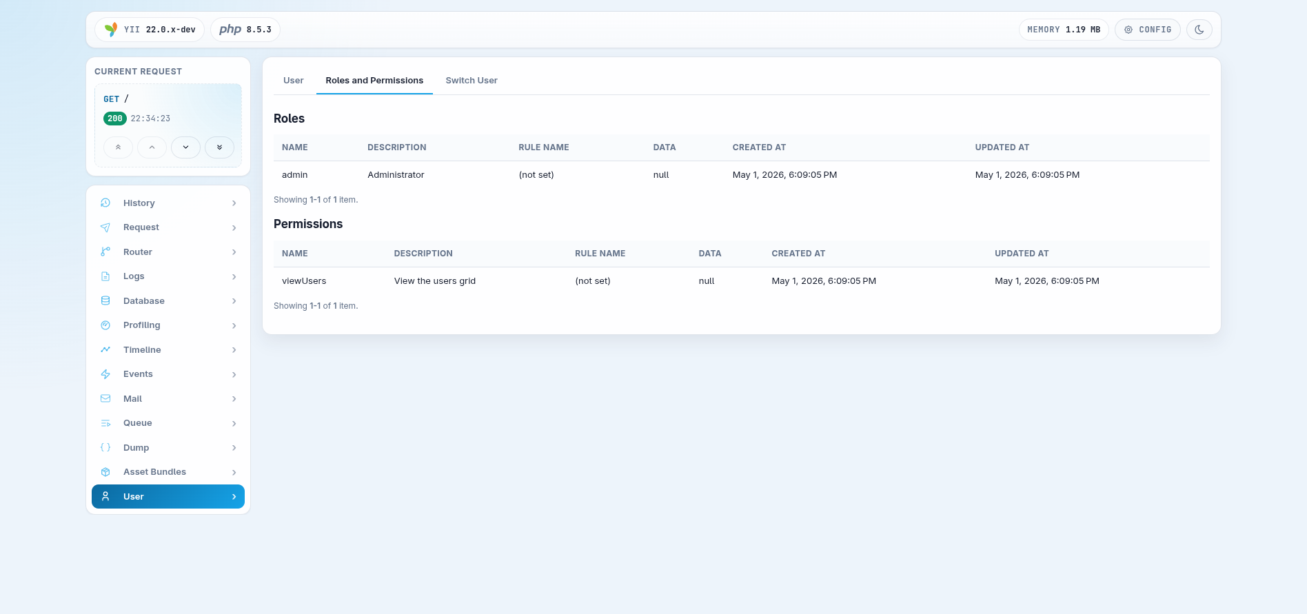 User panel — Roles and Permissions