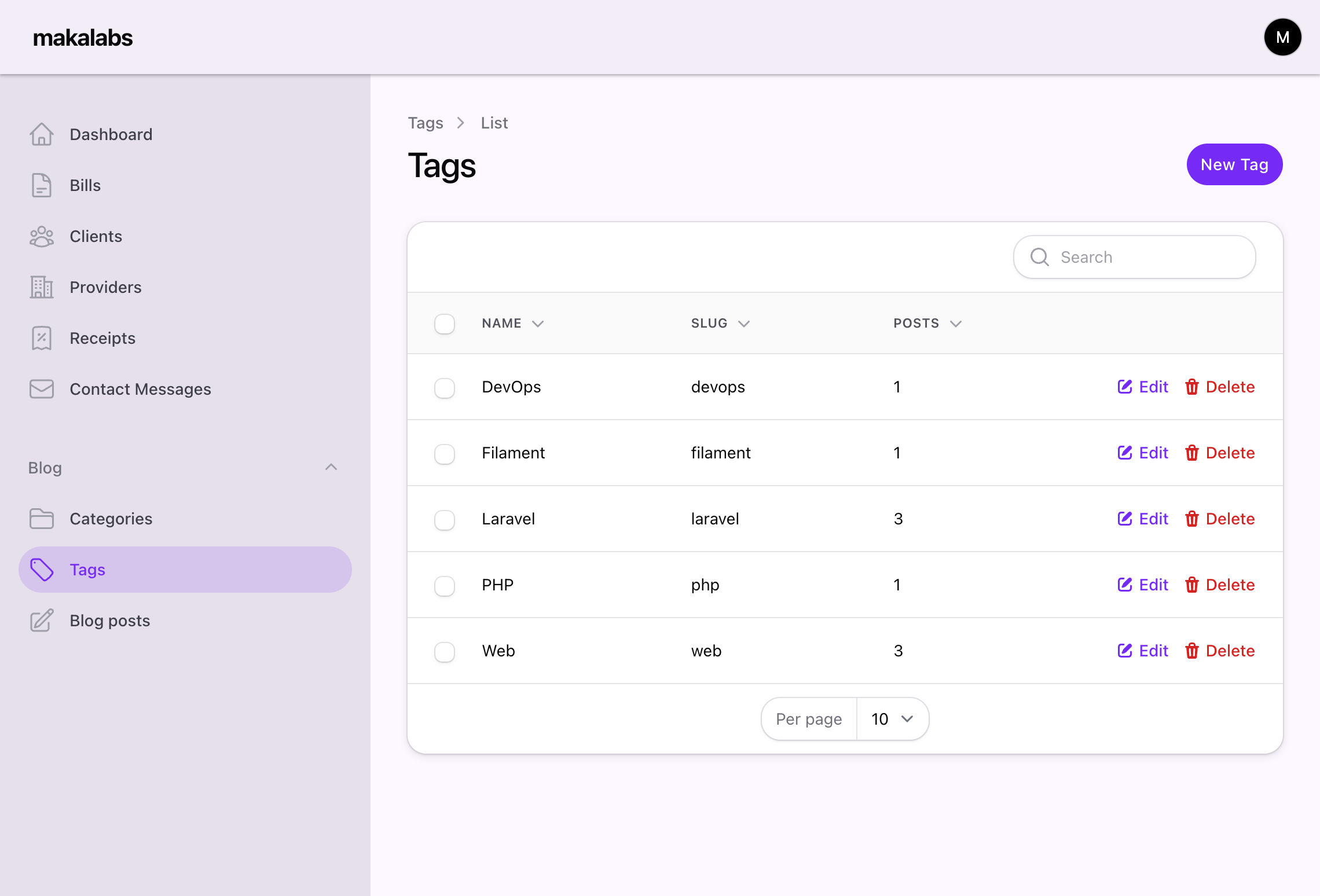 Filament admin blog tags list with MD3 theme