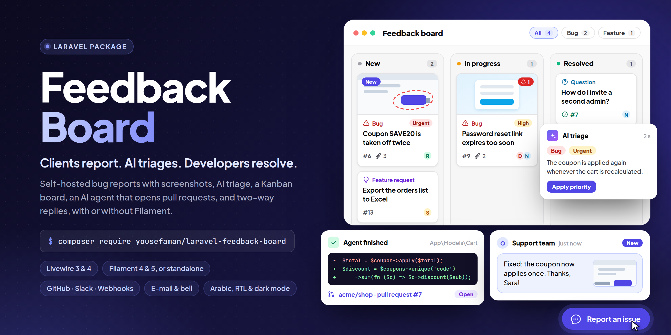 Feedback Board: in-app bug reports with screenshots, AI triage, a developer Kanban board, an AI agent that opens pull requests, and two-way replies, for Laravel with or without Filament