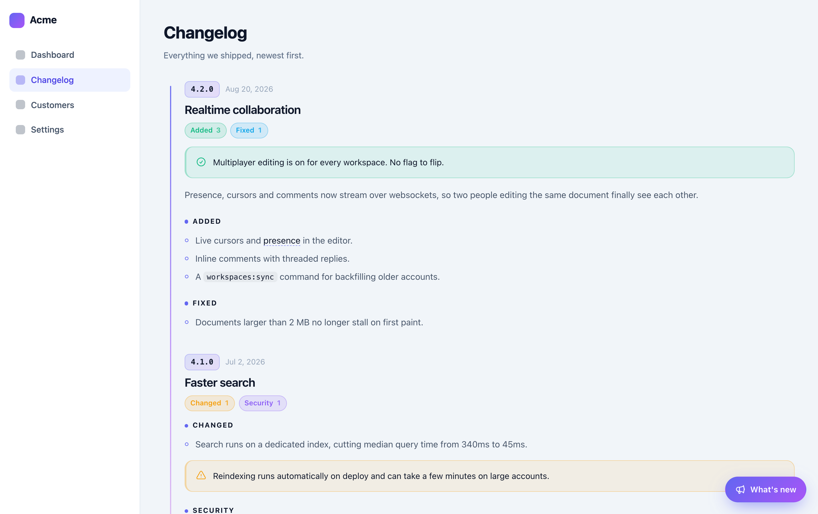 The changelog page inside a Filament panel