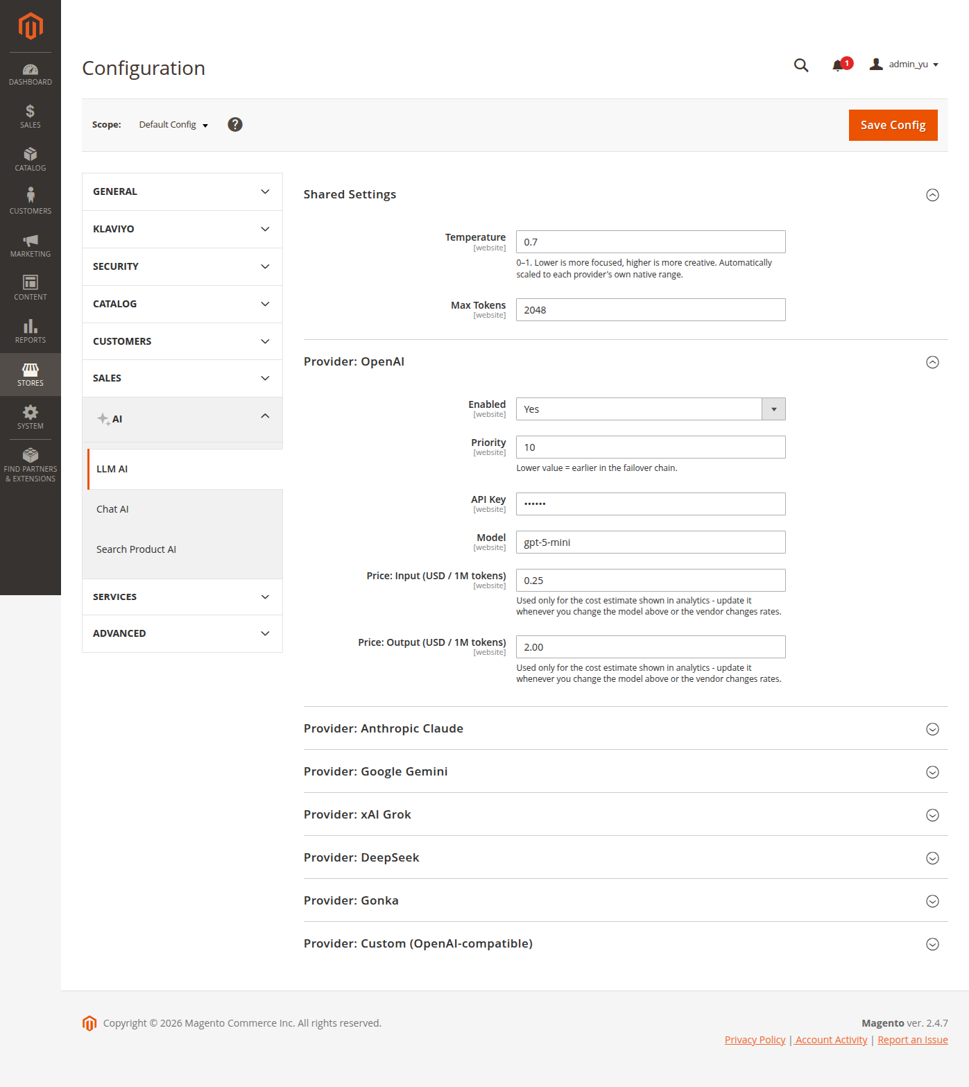 LLM settings in the admin panel