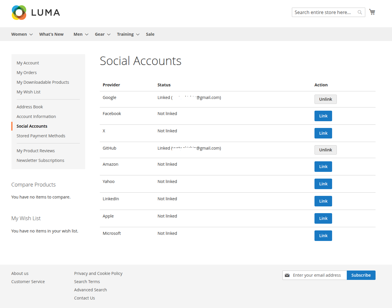 Social Accounts page in the customer account