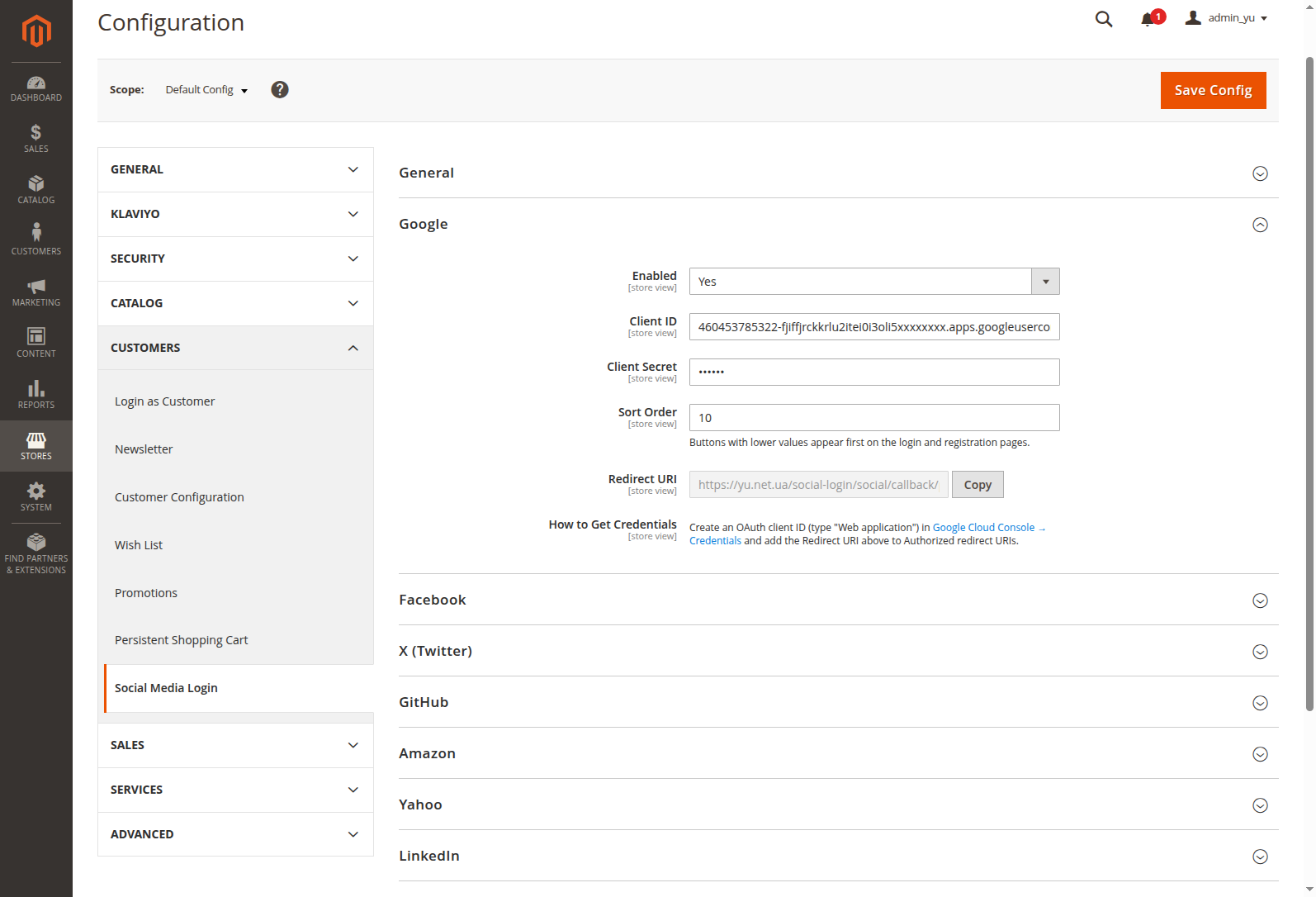 Provider settings in the admin: credentials, sort order and the copyable Redirect URI