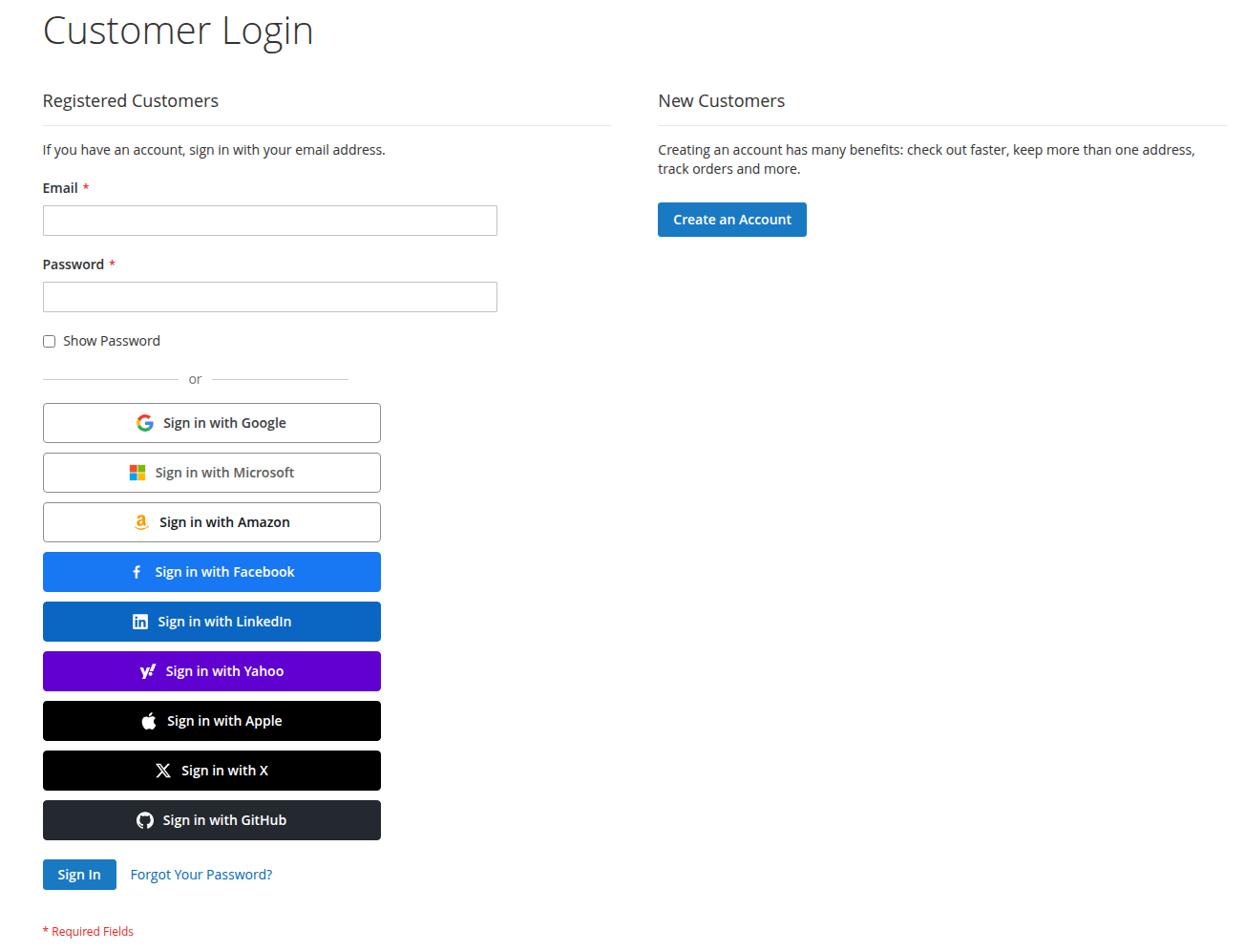 Social login buttons on the customer login page