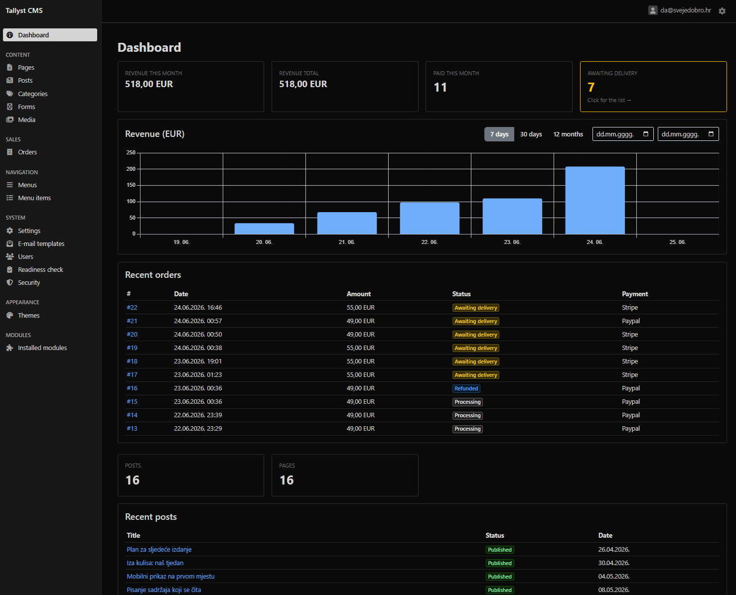 Tallyst admin — dark theme