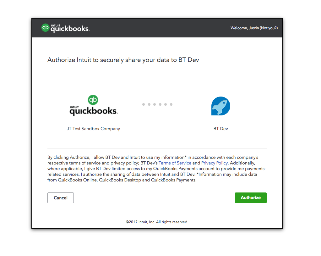 After settings are saved, OAuth authorization begins with the QuickBooks server.
