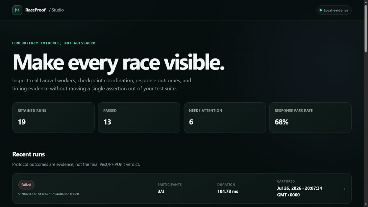 Animated RaceProof Studio tour showing the run overview, execution lanes, and participant outcomes