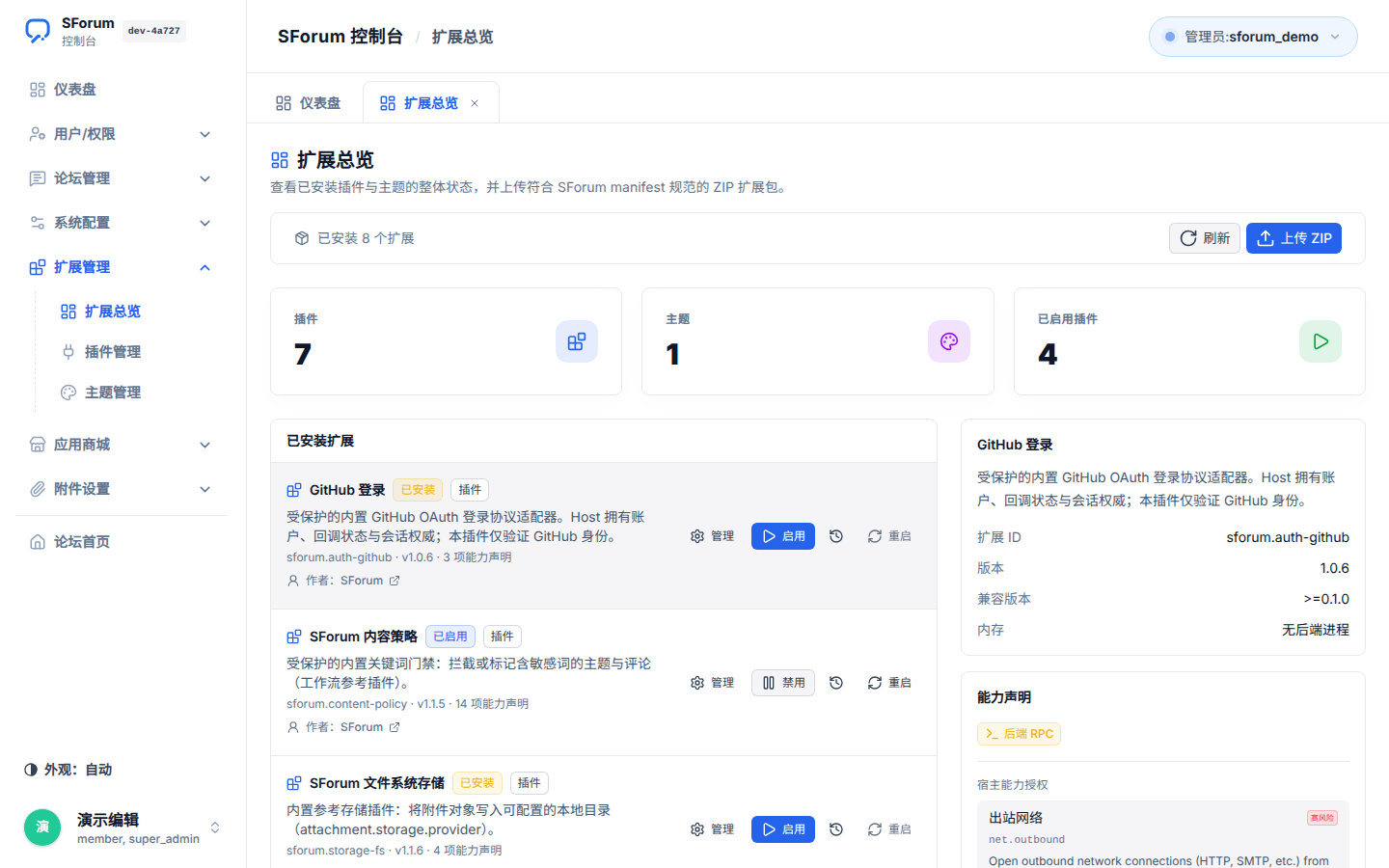 Admin control panel extension overview with plugin and theme status