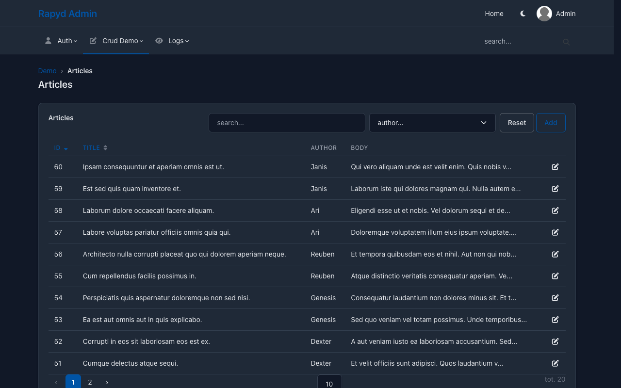 Rapyd Admin with the Tabler theme, dark mode